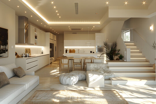 White Living Room with Stairs and Golden Hues in Vray Tracing Style