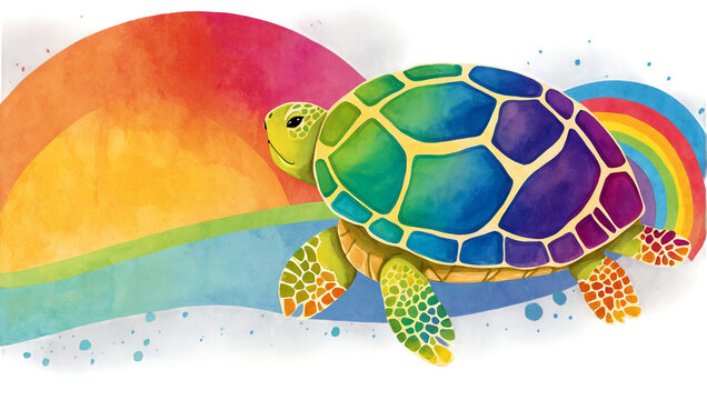 A colorful turtle with a rainbow-patterned shell swimming across a watercolor background with rainbow hues