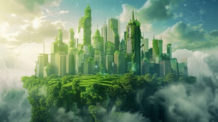 Future Eco-Friendly Cityscape Amidst Clouds and Greenery