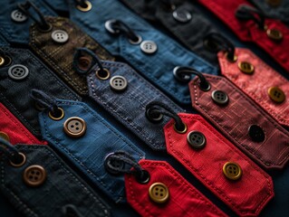 Close up shots of cloth tags of pants, jackets, tag labels made from red black and gray denim jeans and leather are hanging on the rack and tidy folded on the shelf in a shop.