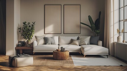A Vertical Image Of A Modern Living Room With Furnishings Aesthetic And The Art Banner On Wall.