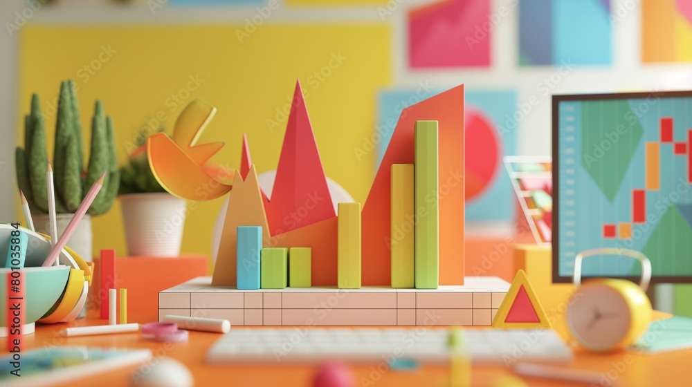 Poster a colorful 3d bars graph on a desk.