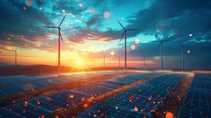 Fototapeta premium Photo of solar panels and wind turbines against the sky at sunset, concept for sustainable energy sources