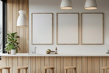 A pair of blank frames hangs above the breakfast bar