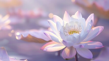Pristine white lotus, soft lilac background, glossy wellness magazine cover, serene morning light, center focus