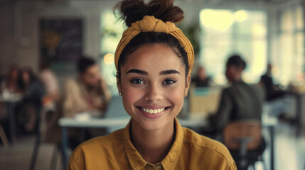 Vibrant young woman with a headband smiling in a bustling cafe atmosphere.