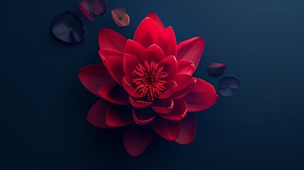 Radiant red lotus, navy blue matte background, art and design magazine cover, subtle side lighting, centered composition