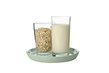 PNG, Glass with milk and oatmeal on plate, isolated on white background