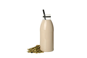PNG, Bottle with milk and pumpkin seeds, isolated on white background
