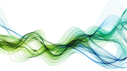 Dynamic green and blue spectrum wave lines symbolizing technological vitality, isolated on a solid white background."