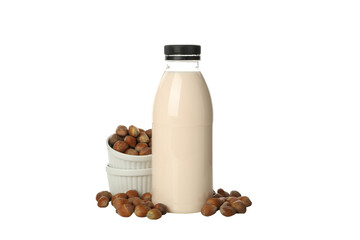 PNG, Bottle of milk and nuts in bowls, isolated on white background