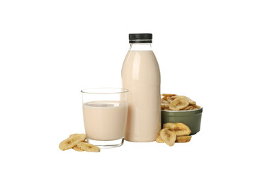 PNG, Bottle and glass with milk, sliced bananas in bowl, isolated on white background