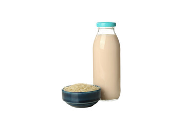 PNG, Bottle of milk and rice in bowl, isolated on white background