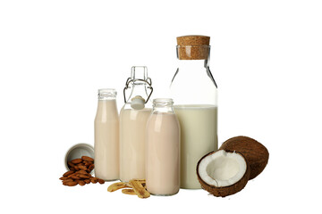 PNG, Milk bottles, almonds in bowls, coconuts and sliced bananas, isolated on white background
