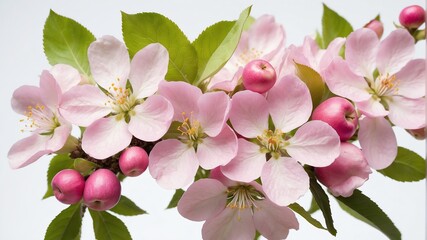 closeup of pink apple flowers on plain white background from Generative AI