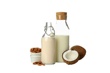 PNG, Milk bottles, almonds in bowls and coconuts, isolated on white background