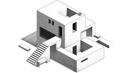 isometric black and white vector of an architectural design of a house with two square blocks, stairs in between the blocks connected to each other