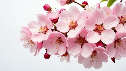 closeup of pink cherry blossoms flowers on plain white background from Generative AI