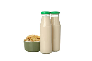 PNG, Bottles of milk and slices of bananas in bowl, isolated on white background
