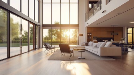 A Modern Minimalist Living Room Aesthetic Interior Design With A High Ceiling And An Airy Window View.