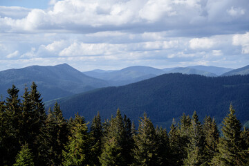 Beautiful mountains landscape with green forest. Carpathians, Ukraine.