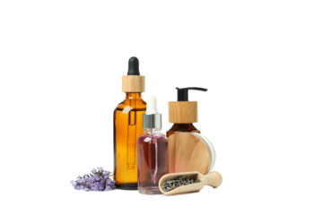 PNG,Lavender oil in bottles with lavender flowers, isolated on white background