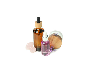 PNG,Lavender oil in bottles with lavender flowers, isolated on white background
