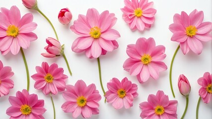 closeup of pink spring flowers on plain white background from Generative AI
