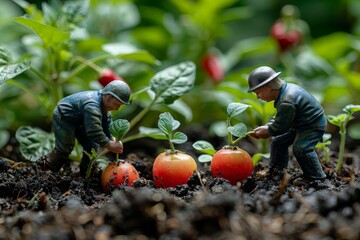 Two miniature farmer are working in a garden, picking up red tomatoes