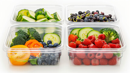 Plastic containers with vegetables and berries on white