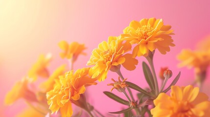 Bright yellow marigold, pastel pink background, lifestyle magazine cover, warm afternoon sunlight, slightly offcenter