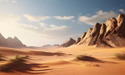 Naklejka premium desert landscape with shifting sand dunes jagged rock
