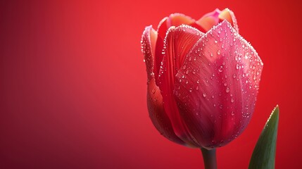 Dewkissed tulip, bright red background, macro photography magazine cover, crisp spotlight effect, close frontal view