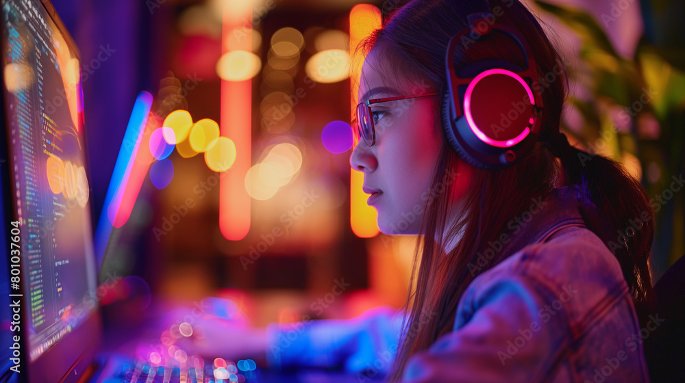 Poster with headphones framing their face, a developer loses themselves in the world of code, the soft glow