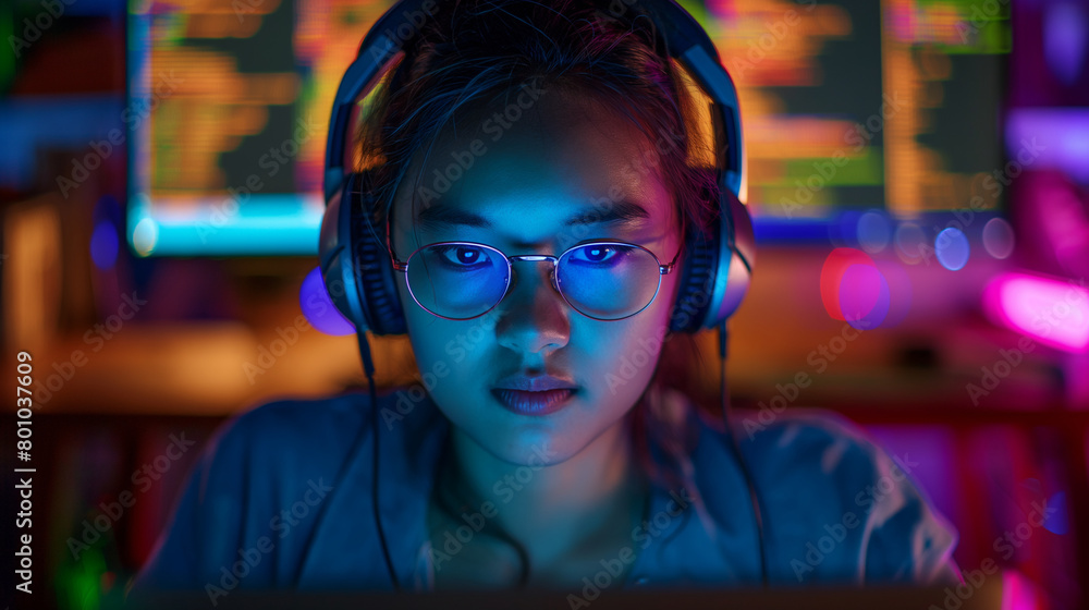Poster with headphones framing their face, a developer loses themselves in the world of code, the soft glow