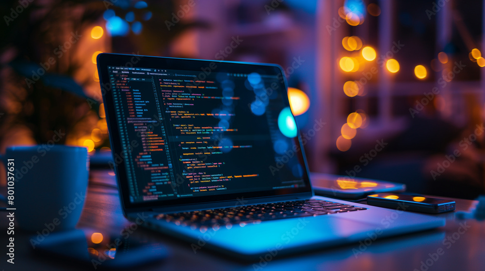 Poster in the heart of a bustling tech hub, a developer's laptop screen becomes a window into the future, t