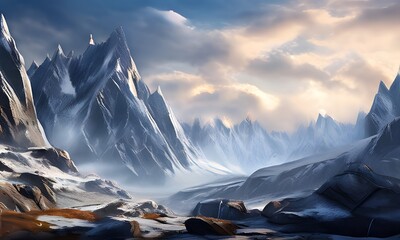 stunning landscape of towering mountains with intricate details showcasing the rugged terra