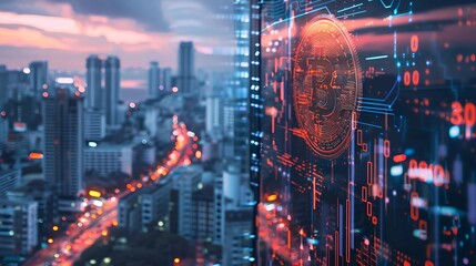 Fototapeta premium The bitcoin symbol on the background of an urban landscape with a hologram drawing on the theme of cryptocurrency and a background image of the city of Hong Kong