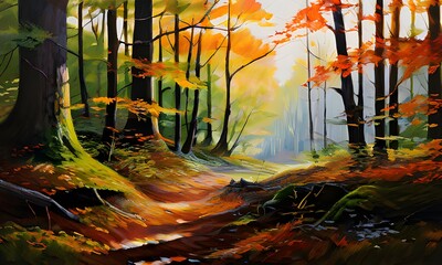 forest scene with dappled sunlight filtering through the trees