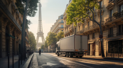 With the iconic Eiffel Tower in the background, the European truck navigates the bustling streets of Paris, a symbol of commerce and connectivity in the heart of the city.
