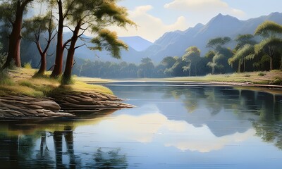 peaceful serenity of a meandering river with realistic reflections of overhanging trees 