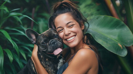 With a joyful grin, the woman holds her French bulldog close, their bond evident in the way they gaze at each other, against a backdrop of lush greenery.
