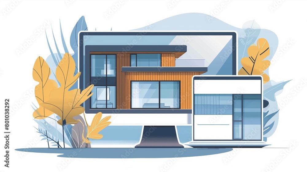 Poster a vector illustration of a computer and laptop on desk in front of house.