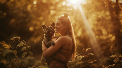 In a sun-dappled forest clearing, the woman holds her French bulldog close, their laughter mingling with the sounds of nature as they revel in each other's company.