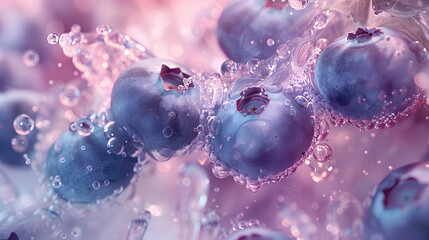 Close-up of blueberries surrounded by water bubbles. Fresh and healthy food concept. Ideal for dietary and nutritional design and print. Macro photography with vibrant colors