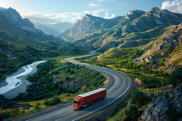 Red Truck Driving through Mountain Valley