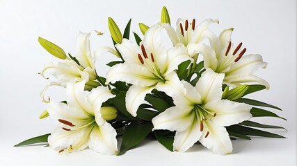 closeup of white lily flowers on plain white background from Generative AI