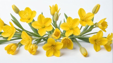 closeup of yellow spring flowers on plain white background from Generative AI