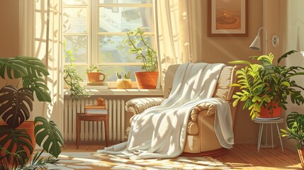 Cozy Living Room Relaxation: An illustration showcasing the relaxation of a cozy living room