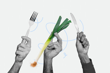 Creative abstract collage of hand hold onion fork knife leek shallot green healthy fiber leaves...